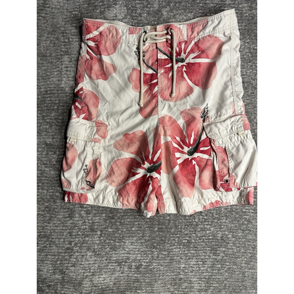 Hollister Floral Board Shorts Mens Large Pink Hibiscus Swim Trunks Cargo Pocket